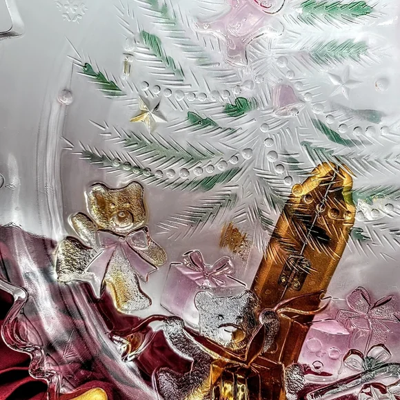 Share the Joy Christmas Glass Platter Santa Sleigh Teddy Bears 14" Caldor Vtg - Picture 5 of 10